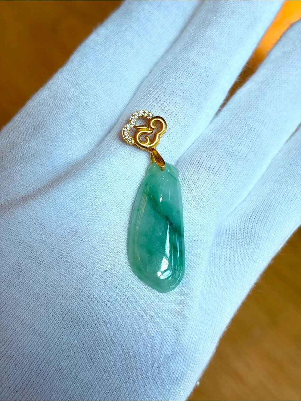 Grade A Burmese Jadeite Fu Gua Fortune Melon Pendant/Gold-Plated Silver Bail